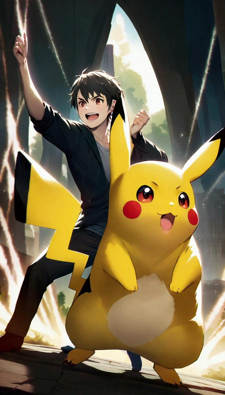 Create an image of Pikachu, Make him an adult、Cute boy and Pikachu、high resolution、beautiful