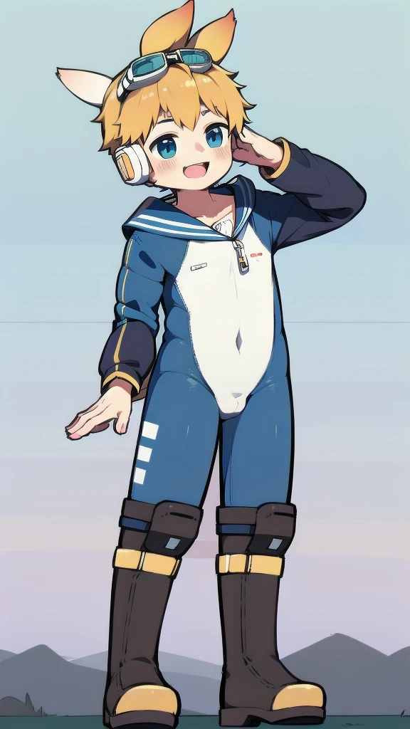 2D Shonen Shota,One-piece suit,Slim, healthy body,Put the headphones on your head,stand up,goggles,Rabbit ears,Happy,Sailor collar,boots,charming,Akimbo