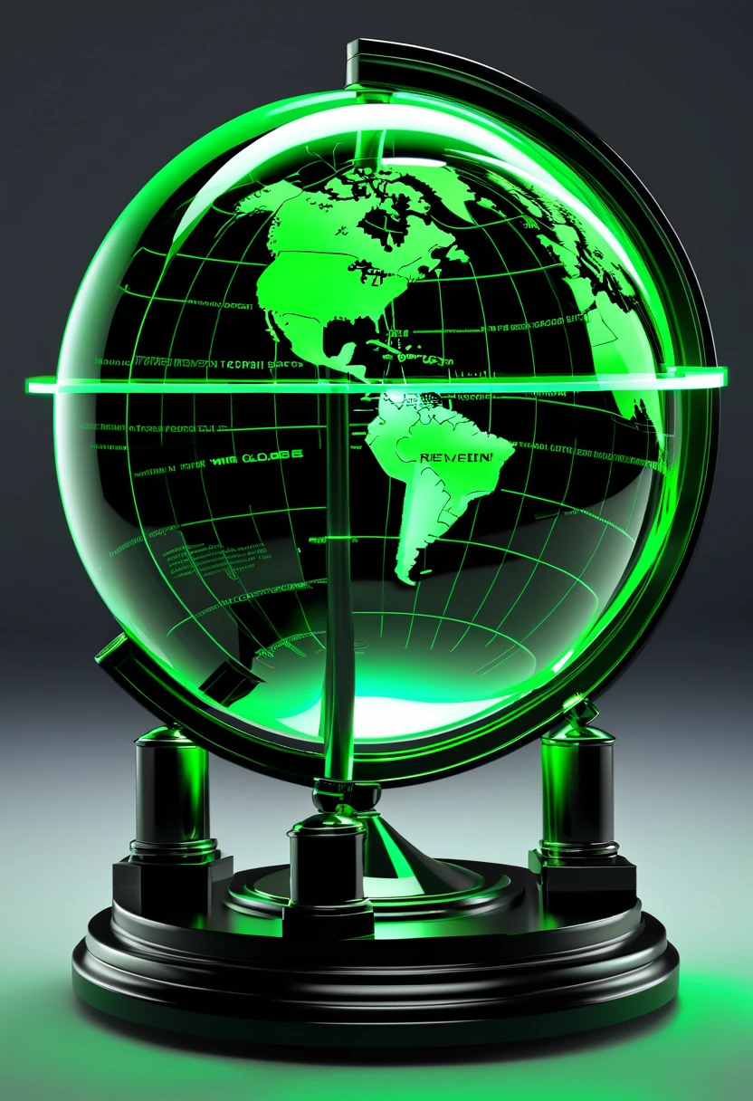 gemtech , Science-Fiction, internal reflections , transparent, inner details , Scholars , scroll, 1 globe without holder, only globe, glowing green neon, black plain background, 3D High quality