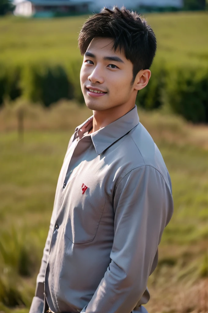 ((Highest quality, 8K, Masterpiece: 1.3))、Thailand Laos Burma Asia, Thai man, A handsome Asian rugby player with short hair, a muscular beard, and big muscles., １A man who has、 yo、Good appearance、Beautiful nose、smile、 Detailed eyes and face、beautiful light、(studio)、high resolution、（Look at the viewer.）、Fine mouth、smile、whole body: 1.5, perfect shape: 1.3, looking at camera ,Gray and red button-up shirt., ((field)), sunlight looking at the field