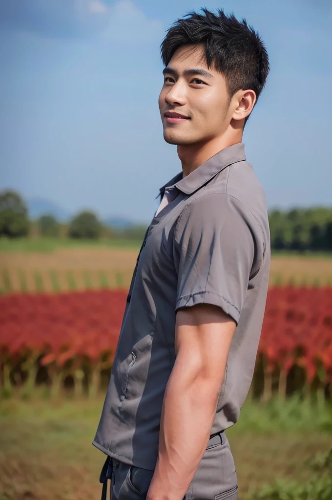 ((Highest quality, 8K, Masterpiece: 1.3))、Thailand Laos Burma Asia, Thai man, A handsome Asian rugby player with short hair, a muscular beard, and big muscles., 1A man who has、 yo、Good appearance、Beautiful nose、smile、 Detailed eyes and face、beautiful light、(studio)、high resolution、(Look at the viewer.)、Fine mouth、smile、whole body: 1.5, perfect shape: 1.3, looking at camera ,Gray and red button-up shirt., ((field)), sunlight looking at the field