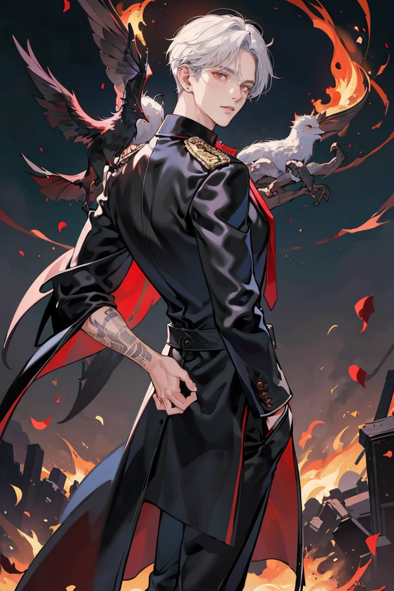 (masterpiece), best quality, seductive eyes, perfect face, handsome man, dark red eyes, mid length messy white hair, long nose, black polo, black leather coat, black pants, red necktie, peaked cap, full body, extremely tall man, long legs, long calves, anime cover, 1boy, ear piercings, hands in pockets, adult-like look, bad boy, there's burning flowers in the background and there's fire all over his surroundings, he's looking back at the camera while he's turned around