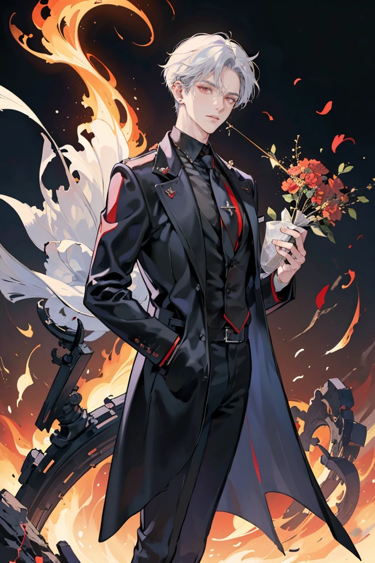 (masterpiece), best quality, seductive eyes, perfect face, handsome man, dark red eyes, mid length messy white hair, long nose, black polo, black leather coat, black pants, red necktie, peaked cap, full body, extremely tall man, long legs, long calves, anime cover, 1boy, ear piercings, hands in pockets, adult-like look, bad boy, there's burning flowers in the background and there's fire all over his surroundings, he's looking back at the camera while he's turned around