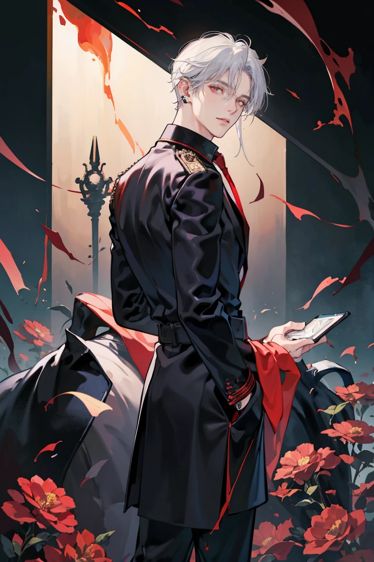 (masterpiece), best quality, seductive eyes, perfect face, handsome man, dark red eyes, mid length messy white hair, long nose, black polo, black leather coat, black pants, red necktie, peaked cap, full body, extremely tall man, long legs, long calves, anime cover, 1boy, ear piercings, hands in pockets, adult-like look, bad boy, there's burning flowers in the background and there's fire all over his surroundings, he's looking back at the camera while he's turned around