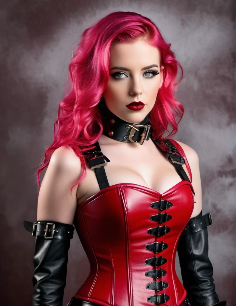 very attractive 25 year old female with long wavy bright pink hair, english woman in red leather dress with leather harness and collar, wrapped in leather straps, harnesses and garters, dress has long red leather sleeves, wearing steel collar, harness, wearing leather, red leather corset, thick red leather, detailed leather texture, slave collar, waist up portrait, very tight corset, body harness, in a leather corset