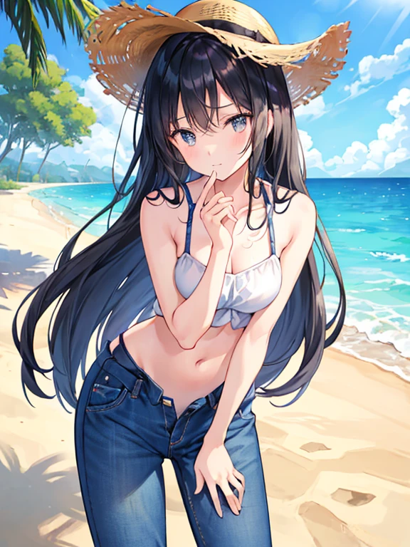 Shade near the beach。changing clothes in the shade of a tree、A beautiful girl with long black hair in a bikini。Standing posture leaning forward。Shyly、In the middle of taking off the jeans she was wearing over her swimsuit。An illustration of a person pulling down jeans with both hands on the waist。Both hands are on your waist。