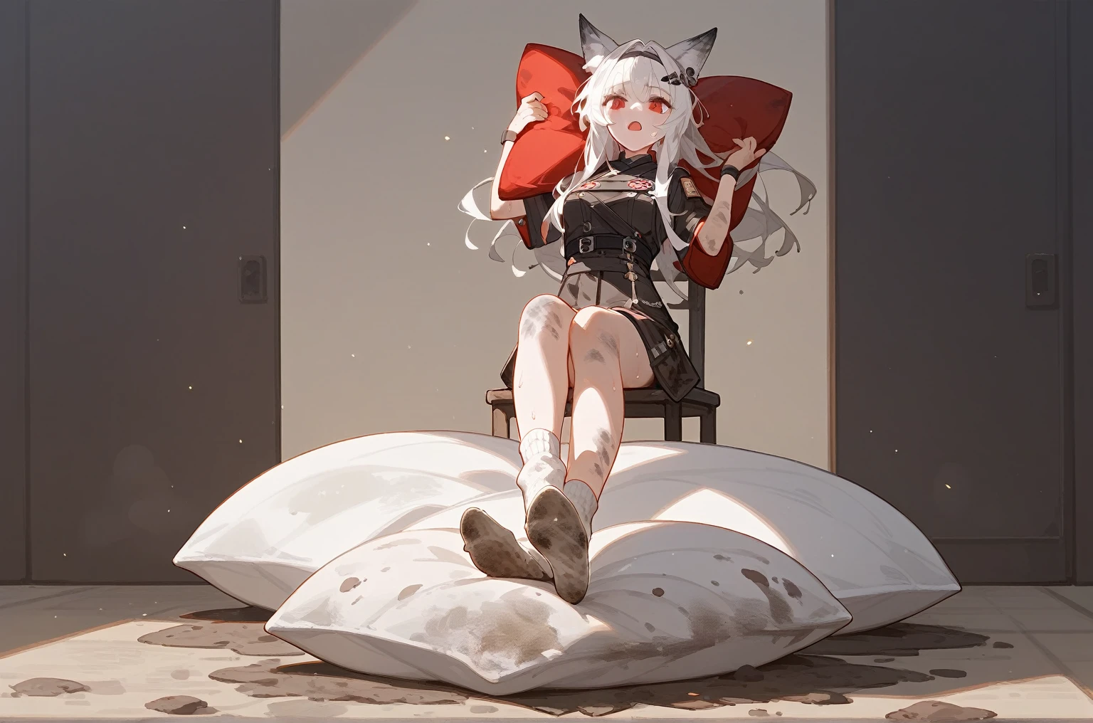 1 girl,dirty,foot,foot底,Red Eyes,breast,solitary,Long hair,White hair,,foot趾,foot部焦点,Looking at the audience,sit,Sweat,open mouth,dirty foot,Keep,indoor,Pillow,Bangs,White knee socks,Fox ears,There'foot的泥土,White clothes,kimono,Japanese style,dirtyPillow,dirty床,女孩周围堆满Pillow,女孩踩踏2着Pillow,大量Pillow,Pillow上肮脏,,(Deluxe Rococo Canopy King Bed),On a big and spacious bed,(),,,,Luxurious curtains with ornate ruffles and ribbons surround the bed,((((There are many pillows piled on the bed)))),Detail of Quilt,Detailed bed sheets,女孩踩在Pillow上