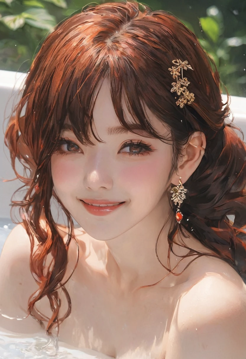A hot spring resort in the mountains of Japan,Beautiful mountains in the background々,(Hot water smoke obstructing the view Water vapor rising from the bathtub:1.3),(Rock bath open-air bath:1.3),(Take a deep shoulder soak in the open-air bath:1,3),Immaculate white tube top bra without shoulder straps,Hold a hand towel to hide your breasts,Blushing、Laugh shyly、(Beautiful girls)、(Short reddish brown hair、hairpin、ponytail、Floating Hair、)huge 、blush with embarrassment、Dreamy eyes、A smile that captivates the viewer、Take a look at the photographer、Sweaty skin、Staring at the audience,necklace、Earrings、Pointed red mouth,Perfect round face,,Proper body balance,Intricate details,Very delicate and beautiful hair,Photo Real,dream-like,Professional Lighting,Realistic Shadows,Focus Only,Beautiful Hands,Beautiful fingers,Detailed finger features,Detailed arm functions,Detailed clothing features,Detailed hair features,Detailed facial features,(Tabletop,Highest quality,Ultra-high resolution output images,) ,(8K quality,),(Picture Mode Ultra HD,)