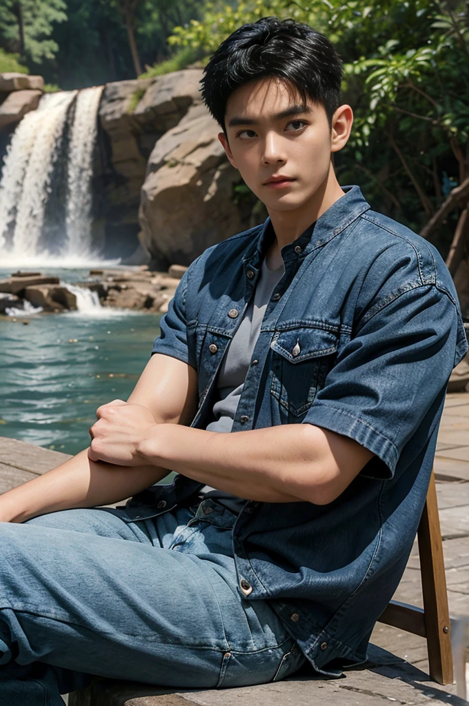 ((realistic daylight)) , Young Korean man in only a black t-shirt, no pattern. (Denim coat) Jeans, A handsome, muscular young Asian man looks at the camera. In a simple t-shirt blue and red , By the waterfall ,turn sideways