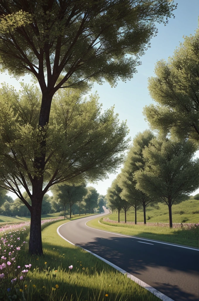 There will be a beautiful road and there will be some flower trees planted on the side of the road which will surprise a person, the frame size of the picture will be 16.9, realistic look and like a block video.