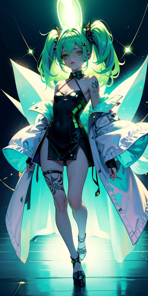 Rabbit technique , Science Fiction, Fluffy ,
1 girl, Tattoo, Glowing tattoo, Glowing eyes, Colorful glowing hair , Full body love, Green Hair,
Kawaiitech, Soft colors, Kawaii, Lovely colors,