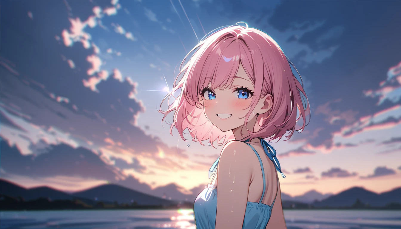 (1 girl),(Best Picture Quality, 8K, Masterpiece:1.3), (high school student:1.5), ((pink lob hair:1.1)), (bob cut),(swept bangs), (cute eyes, pupil black, iris skyblue, youthful face), (mole under right eye), (standard weight), (small breasts), (glistening skin:1.1),(pale skin:1.2),(sundress),((Gyaru fashion:1.3)),(wet:1.1),(blue sky, blurry, blurry background, chromatic aberration, cloud, cloudy sky, day, depth of field, glint, outdoors, sky),(magnificent view),(smile).