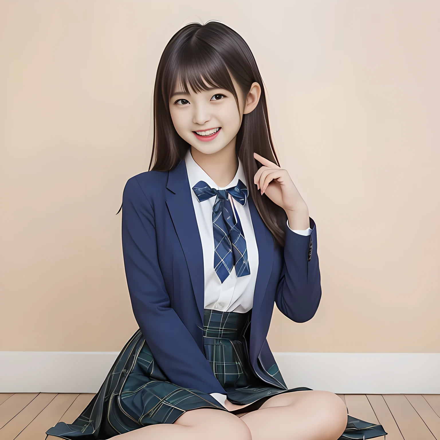 (Highest quality, masterpiece:1.2), Highest quality, High resolution, 1080P, 8K, height: 158cm, ((A noble and intelligent girl who looks like a cute Japanese young lady is giggling while magically hypnotizing the viewer)), ((So sweet, very noble, cute and pretty Japanese beautiful cute girl)), ((A real, very girly, sweet, cute and noble girl)), ((((A , smiling beautiful Japanese cute fashion model)))), ((((Very pure white face and limbs)))), Glossy Lips, (Evenly cut bangs), ((Very beautiful, smiling brown, droopy, cute, pure, noble eyes)), ((Super long, straight black hair that reaches the floor)), Very shiny, Glossy Lips, Open hand over open mouth, Beautiful straight hair like a hair model, Watch and laugh at your audience, ((Incredibly well organized, Rich facial expressions. Plump and beautiful white skin and face)), ((Pure, clear, gentle smiling eyes)), ((Smile at me)), Glossy Lips, ((Noble and elegant)), ((As the succubus charms you with her magic and giggles)), ((((Succubus is fascinating、Calling to the depths of eternity)))), Very beautiful blue skirt, ((Large upward-curving lips)), ((Look directly at the viewer)), White Hand, ((Navy Japanese School Blazer, Navy and sapphire blue Japanese school uniform tartan check pattern pleated long skirt, Blue string ribbon tie)), ((((An ecstatic expression of boundless joy)))), ((White background girly line arts))