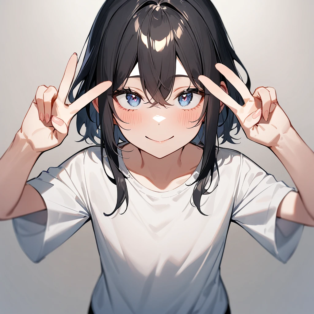 1 girl,black hair,Androgynous,medium hair,sidelocks,Covered,masterpiece,best quality,very aesthetic,absurdres,upper body,straight-on,large,Covered,Smile,double v,(upturned_eyes:1.2),From above,hands up