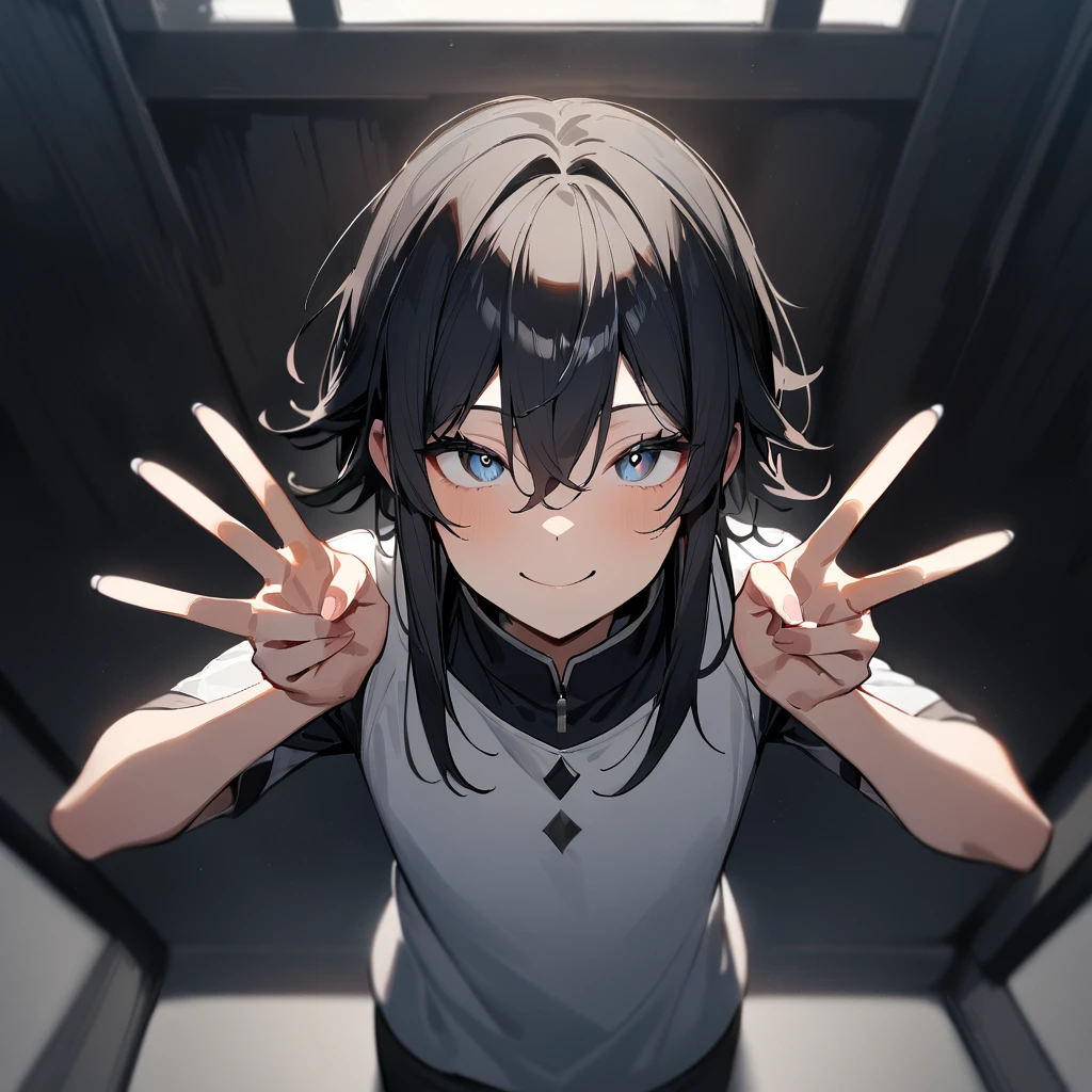 1 girl,black hair,Androgynous,medium hair,sidelocks,Covered,masterpiece,best quality,very aesthetic,absurdres,upper body,straight-on,large,Covered,Smile,double v,(upturned_eyes:1.2),From above,hands up