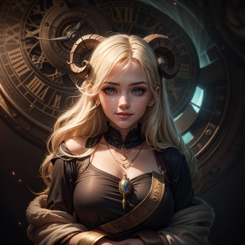 ((best quality)), ((masterpiece)), (detailed), A young woman with long platinum-blonde hair and large captivating eyes, smiling, standing calmly, in a celestial setting with a large circular clock-like design in the background, wearing a dark t-shirt with a ram's head graphic and a light fluffy coat, a mix of dark and light tones with blues and golds, digital fantasy art, serene and ethereal atmosphere, soft lighting, frontal viewpoint, delicate textures in hair and clothing, modern time period, no distinct cultural elements, calm and composed emotion, digital medium, modern attire
