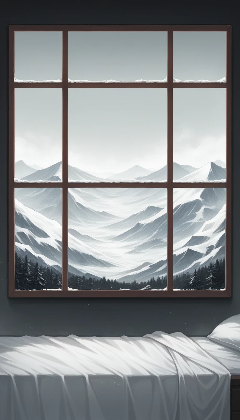 a bed sitting inside of a bedroom next to a window, a matte painting, dark mountains, modern design, snowy mountain, gloomy lighting, black walls, amazing landscape in background, mountainous, integrated in the mountains, moutains, moutain, large windows, hyper luxurious, bed