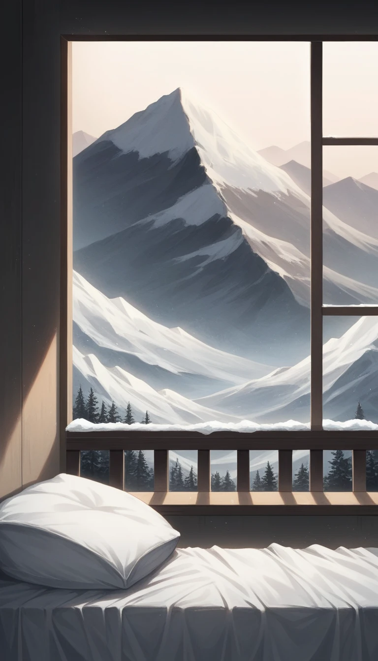 a bed sitting inside of a bedroom next to a window, a matte painting, dark mountains, modern design, snowy mountain, gloomy lighting, black walls, amazing landscape in background, mountainous, integrated in the mountains, moutains, moutain, large windows, hyper luxurious, bed