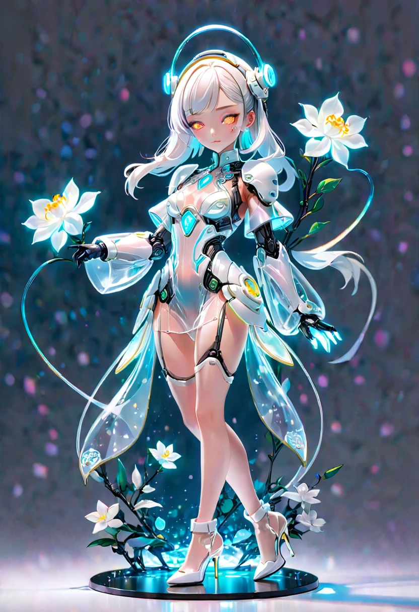 (Blind Box Spielzeug Stil:1.2),full body, solo,white background,(A female robot in a transparent white jasmine dress, wearing gloves and high heels),(Chinese color,Very colorful), Cyberpunk, Dreamy Glow, Luminous neon lamp, 3D