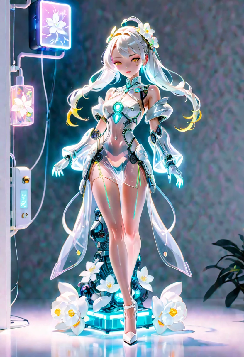 (Blind Box Spielzeug Stil:1.2),full body, solo,white background,(A female robot in a transparent white jasmine dress, wearing gloves and high heels),(Chinese color,Very colorful), Cyberpunk, Dreamy Glow, Luminous neon lamp, 3D