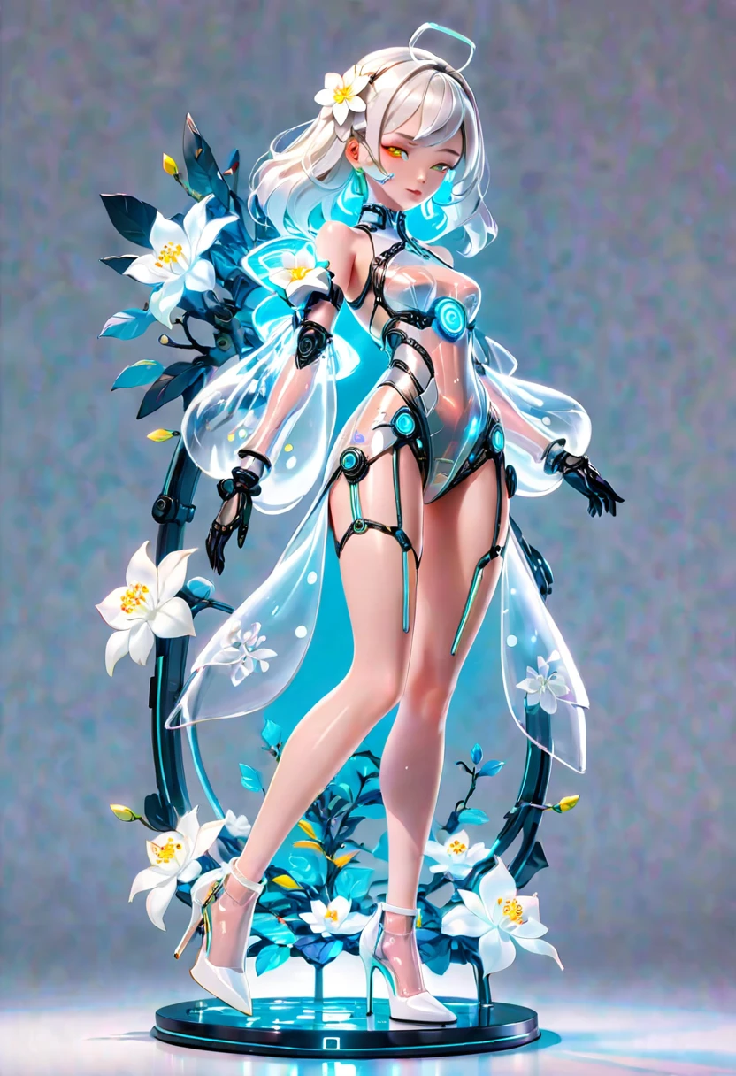 (Blind Box Spielzeug Stil:1.2),full body, solo,white background,(A female robot in a transparent white jasmine dress, wearing gloves and high heels),(Chinese color,Very colorful), Cyberpunk, Dreamy Glow, Luminous neon lamp, 3D
