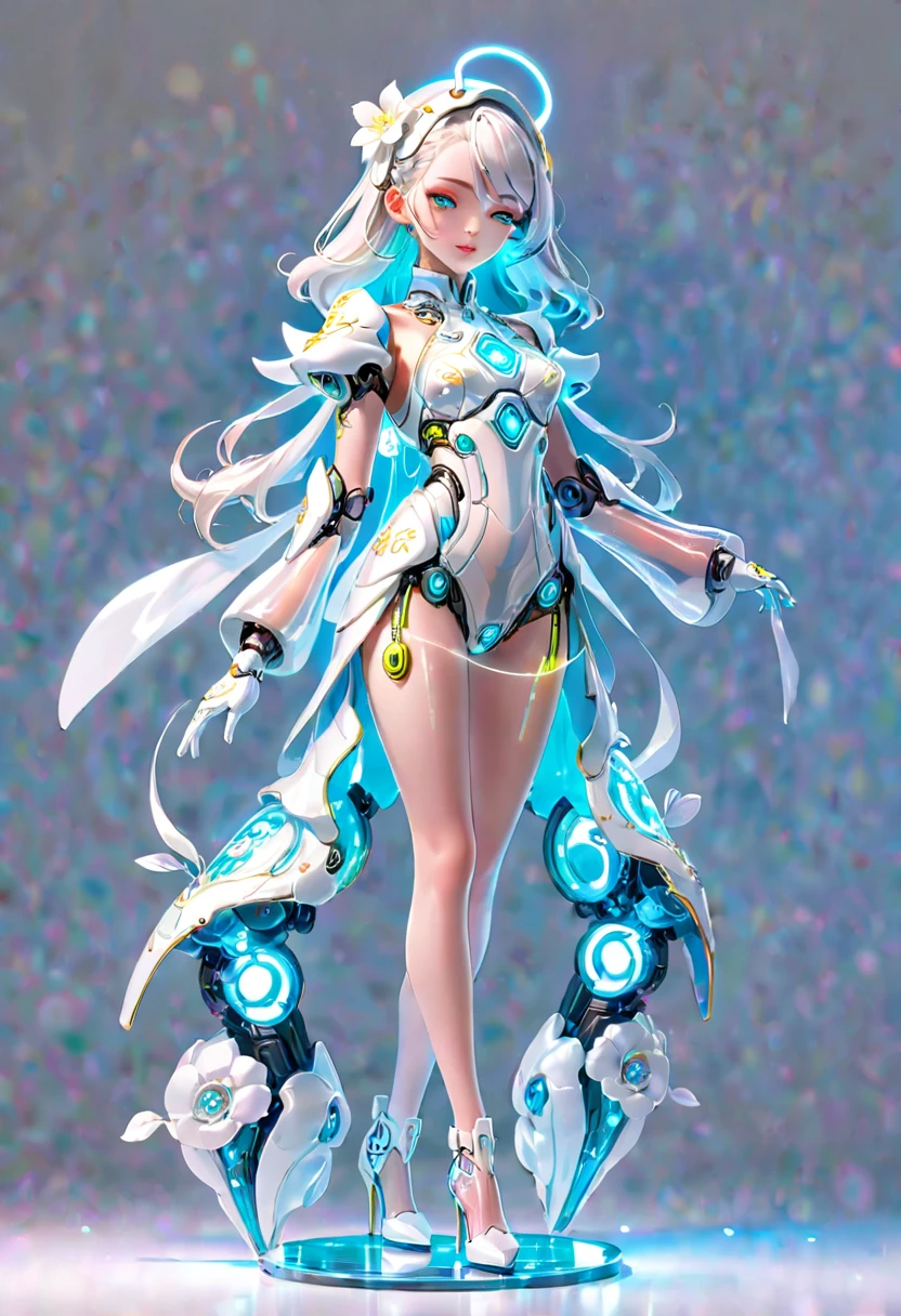 (Blind Box Spielzeug Stil:1.2),full body, solo,white background,(A female robot in a transparent white jasmine dress, wearing gloves and high heels),(Chinese color,Very colorful), Cyberpunk, Dreamy Glow, Luminous neon lamp, 3D