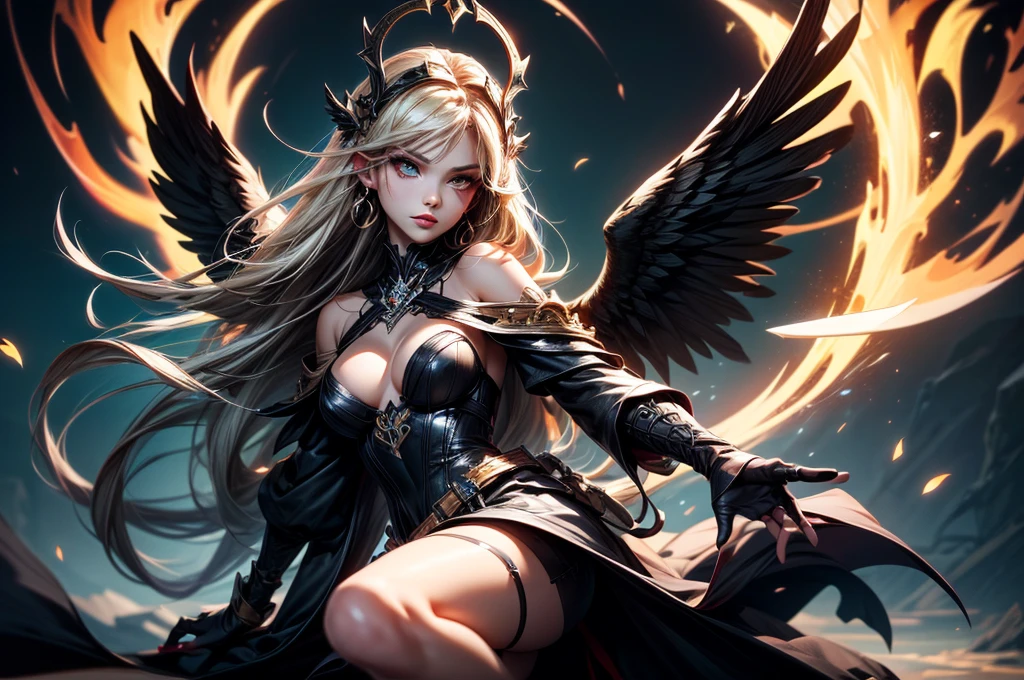 In the middle of the burning battlefield filled with broken swords and dead sodiers stand beatiful female fallen angel with black wings , she have beautiful face her eyes is golden yellow she have dark red lipstick and black eyeshadows she have piersing ring on her lip and cross shaped earrings on her ears her hair golden blond with black highlights with a blood red halo above her head, she dressed in sexy black leather armor with long skirt and black highheels boots with betal parts she have mystic symbols tattoo on her shouders, in her hand she holding long spear, (ultra high quality fantasy art, ghothic dark fantasy style, masterpiece, ultra high quality character design, 8k quality anime art, realistic anime art, top quality wallpaper illustration, detailed ultra high quality accurate face, high quality design and accurate physic)