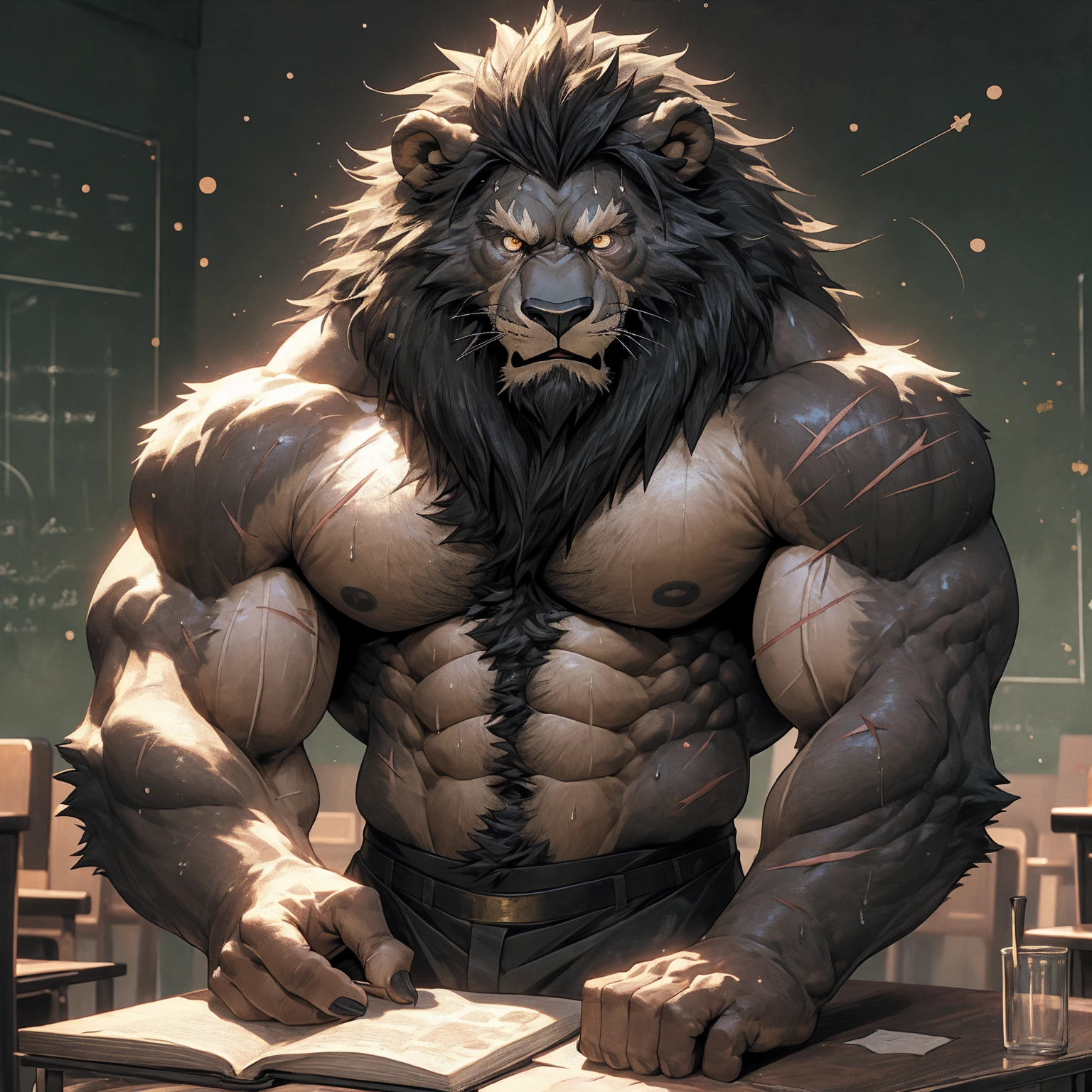Sweating, muscular, Topless, The background is a spectacular magic school classroom, Harry Potter Teacher, magician, hairy, Anthropomorphic chest hair, Serious expression(scars in the face) (Golden Eyes)Huge muscular ripped abs wild,Black lion, A bully with tribal ambitions