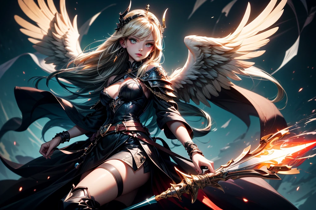 In the middle of the burning battlefield filled with broken swords and dead sodiers stand beatiful female fallen angel with black wings , she have beautiful face her eyes is golden yellow she have dark red lipstick and black eyeshadows she have piersing ring on her lip and cross shaped earrings on her ears her hair golden blond with black highlights with a blood red halo above her head, she dressed in sexy black leather armor with long skirt and black highheels boots with betal parts she have mystic symbols tattoo on her shouders, in her hand she holding long spear, (ultra high quality fantasy art, ghothic dark fantasy style, masterpiece, ultra high quality character design, 8k quality anime art, realistic anime art, top quality wallpaper illustration, detailed ultra high quality accurate face, high quality design and accurate physic)