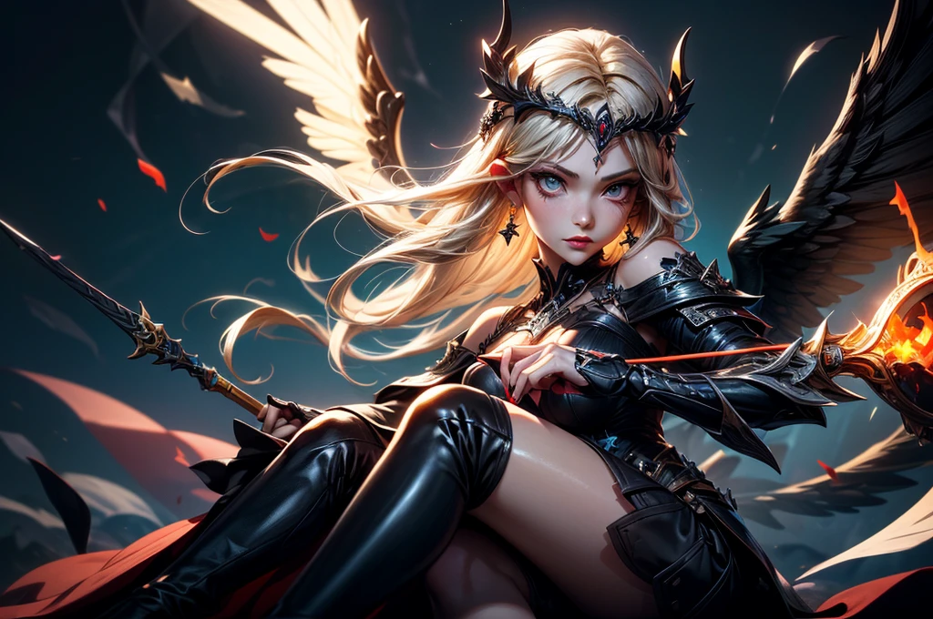 In the middle of the burning battlefield filled with broken swords and dead sodiers stand beatiful female fallen angel with black wings , she have beautiful face her eyes is golden yellow she have dark red lipstick and black eyeshadows she have piersing ring on her lip and cross shaped earrings on her ears her hair golden blond with black highlights with a blood red halo above her head, she dressed in sexy black leather armor with long skirt and black highheels boots with betal parts she have mystic symbols tattoo on her shouders, in her hand she holding long spear, (ultra high quality fantasy art, ghothic dark fantasy style, masterpiece, ultra high quality character design, 8k quality anime art, realistic anime art, top quality wallpaper illustration, detailed ultra high quality accurate face, high quality design and accurate physic)