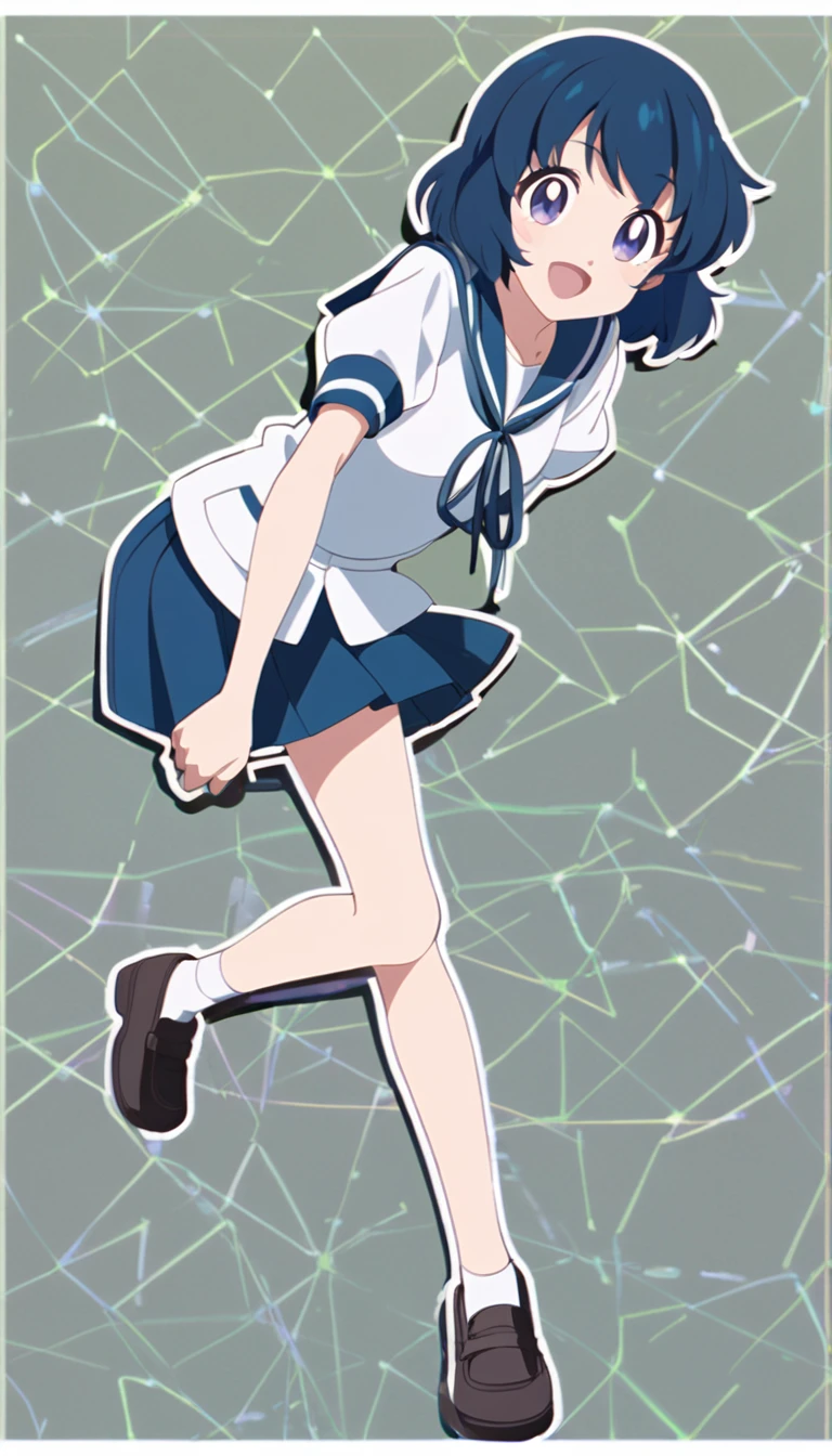 young girl, anime, short hair, pretty eyes, blue hair, full body, sailor suit, short pleated skirt, big smiling very happy, background greenback, black outline