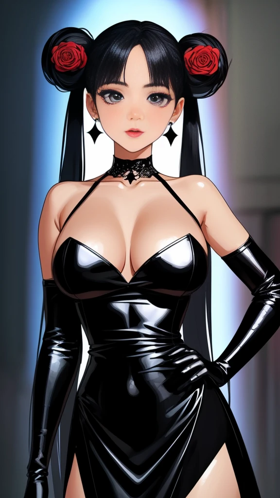 anime - style illustration of a woman in a latex outfit, adult woman roughly 28-years-old, anime woman wearing a black halterneck dress with intergrated choker, backless dress, black laytex elbow gloves, inspired by hajime sorayama, gothic adult usagi tsukino, black hair in double buns and twintails, very long hair, hair flowers, roses are used as hair decorations on each hair bun, gothic maiden anime woman, seductive anime woman, glossy digital painting, made with anime painter studio, wearing atsuko kudo latex outfit