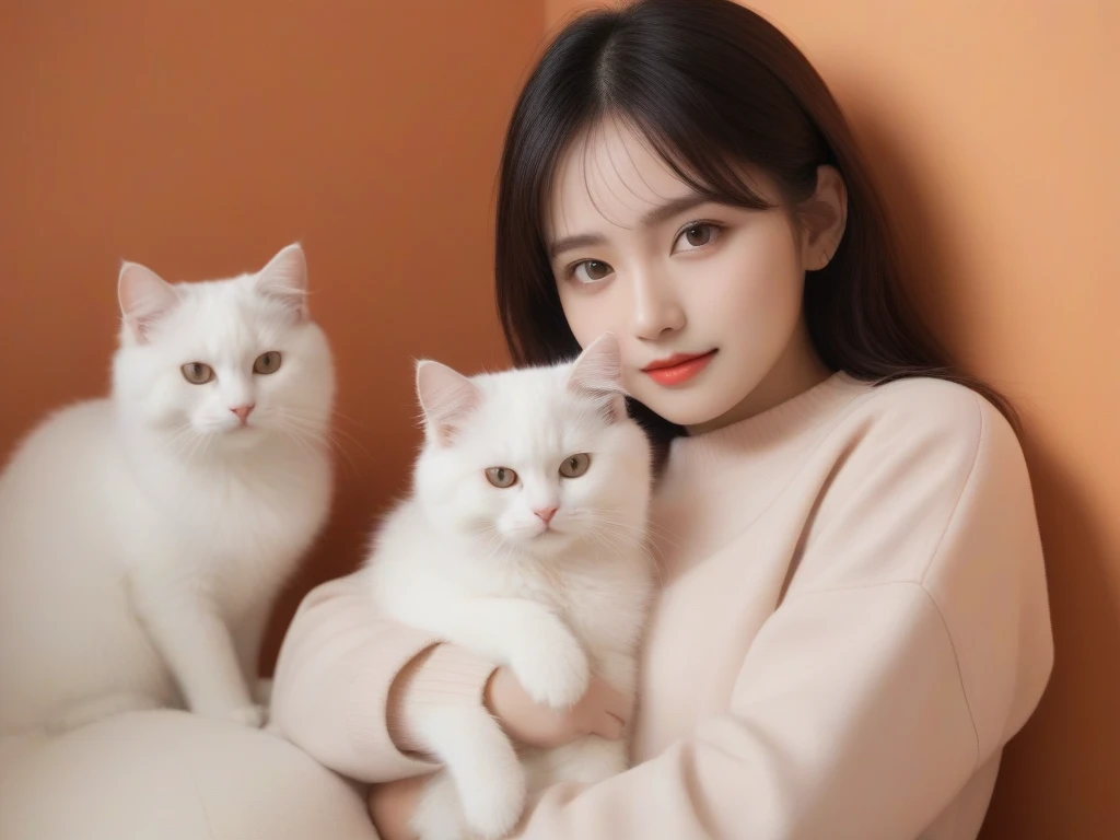 A girl lying on a fluffy ball,Surrounded by a cute white cat. Fluffy texture,Soft clouds,lazy,warm color,orange,32k UHD,Elf core,Exquisite facial features,inspiration,bold color contrast,