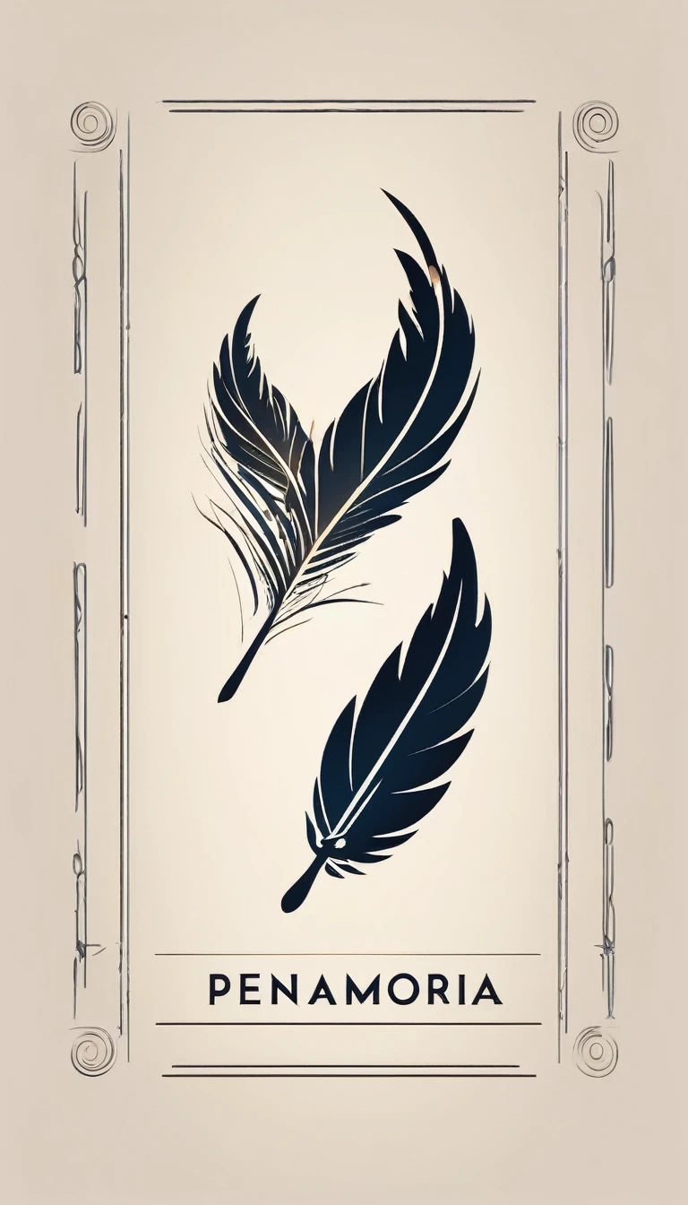 A minimal, modern, simple, cinematic logotype for the brand “Penamemoria". The logotype must be a simple, magical feather and a boy playing acoustic guitar. The logo must convey a sense of music, stories and dreams. Logo design impressed on a book cover. Minimalistic logo