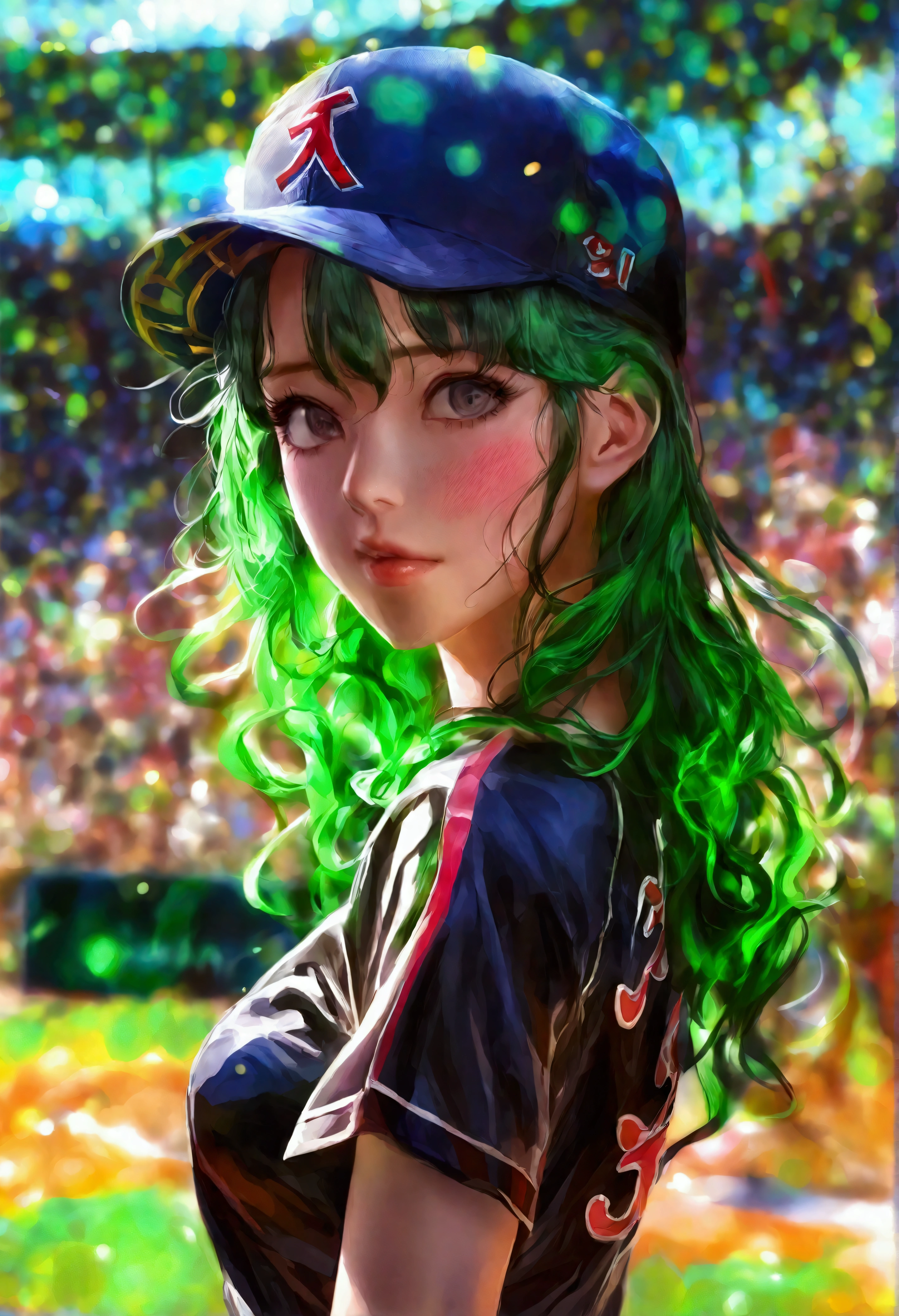 A beautiful Japanese woman (Tatsumaki,black dress, green hair) in a baseball cap pitching a ball, dynamic pitching pose, crowd cheering in the background, bokeh effect, anime style, highly detailed, intricate, vibrant colors, cinematic lighting, photorealistic, masterpiece, (show her entire body, show all of her, show her entire body)
