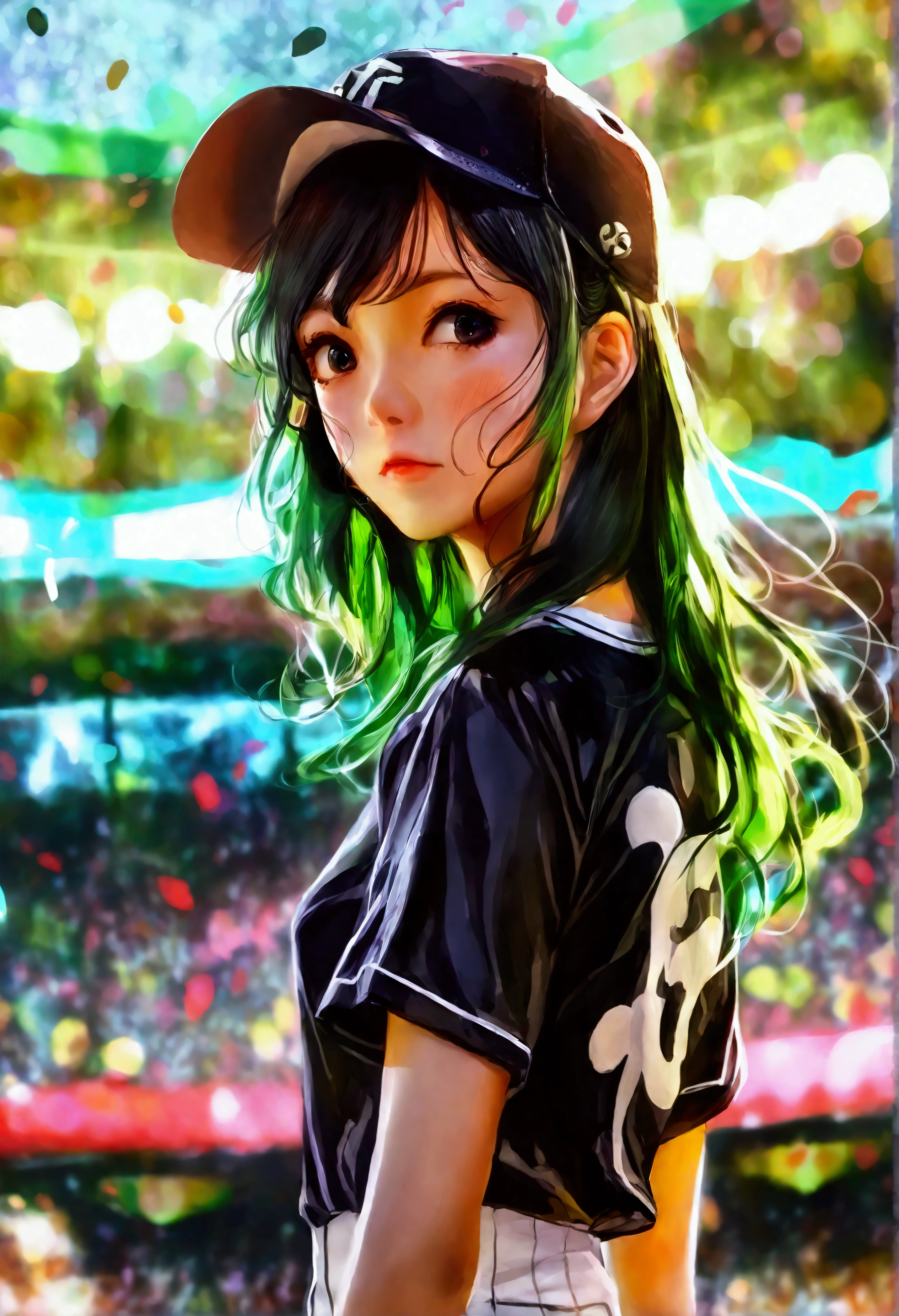 A beautiful Japanese woman (Tatsumaki,black dress, green hair) in a baseball cap pitching a ball, dynamic pitching pose, crowd cheering in the background, bokeh effect, anime style, highly detailed, intricate, vibrant colors, cinematic lighting, photorealistic, masterpiece, (show her entire body, show all of her, show her entire body)
