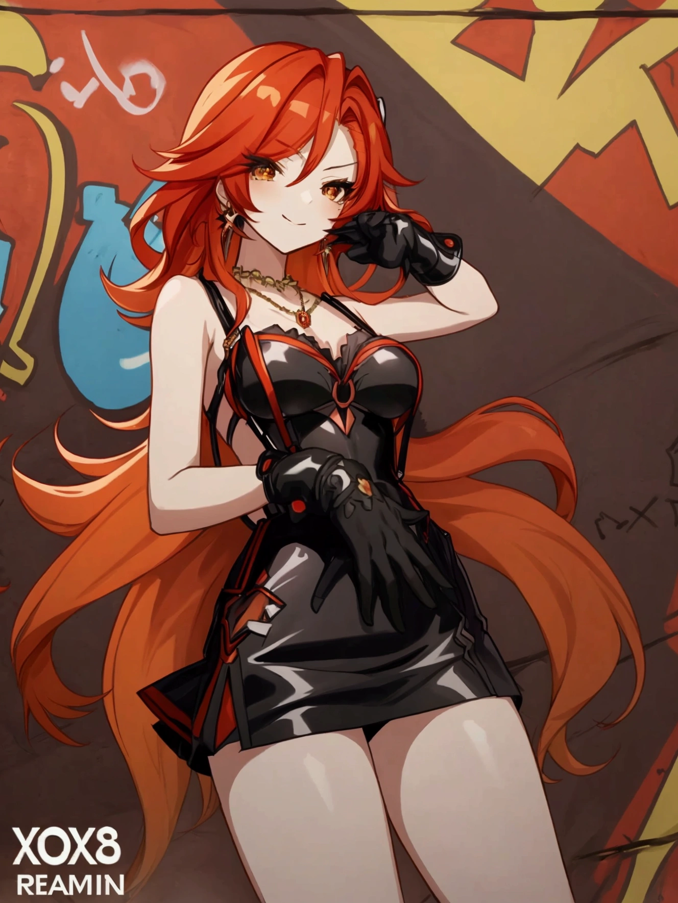 Anime girl with red hair and black suspender skirt in front of graffiti wall, 25 years old,long hair anime girl, She has long reddish-orange hair., Attractive anime girl,Bare arms,Bare arms,Bare legs,Black necklace,Tie-strap skirt,Front view,First Perspective,high quality,16K,Exciting appearance,very clearly,Exquisite mature facial,Royal sister