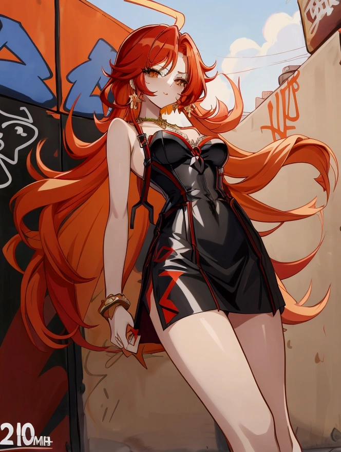 Anime girl with red hair and black suspender skirt in front of graffiti wall, 25 years old，long hair anime girl, She has long reddish-orange hair., Attractive anime girl,Bare arms，Bare arms，Bare legs，Black necklace，Tie-strap skirt，Front view，First Perspective，high quality，16K，Exciting appearance，very clearly，Exquisite mature facial，Royal sister