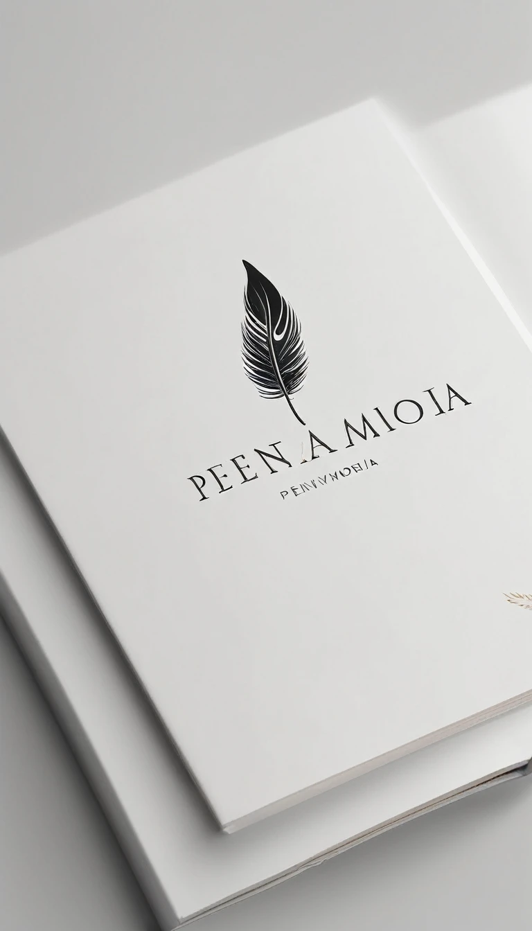 A minimal, modern, simple, cinematic logotype for the brand “Penamemoria". The logotype must be a simple, magical feather. The logo must convey a sense of music, stories and dreams. Logo design impressed on a book cover. Minimalistic logo