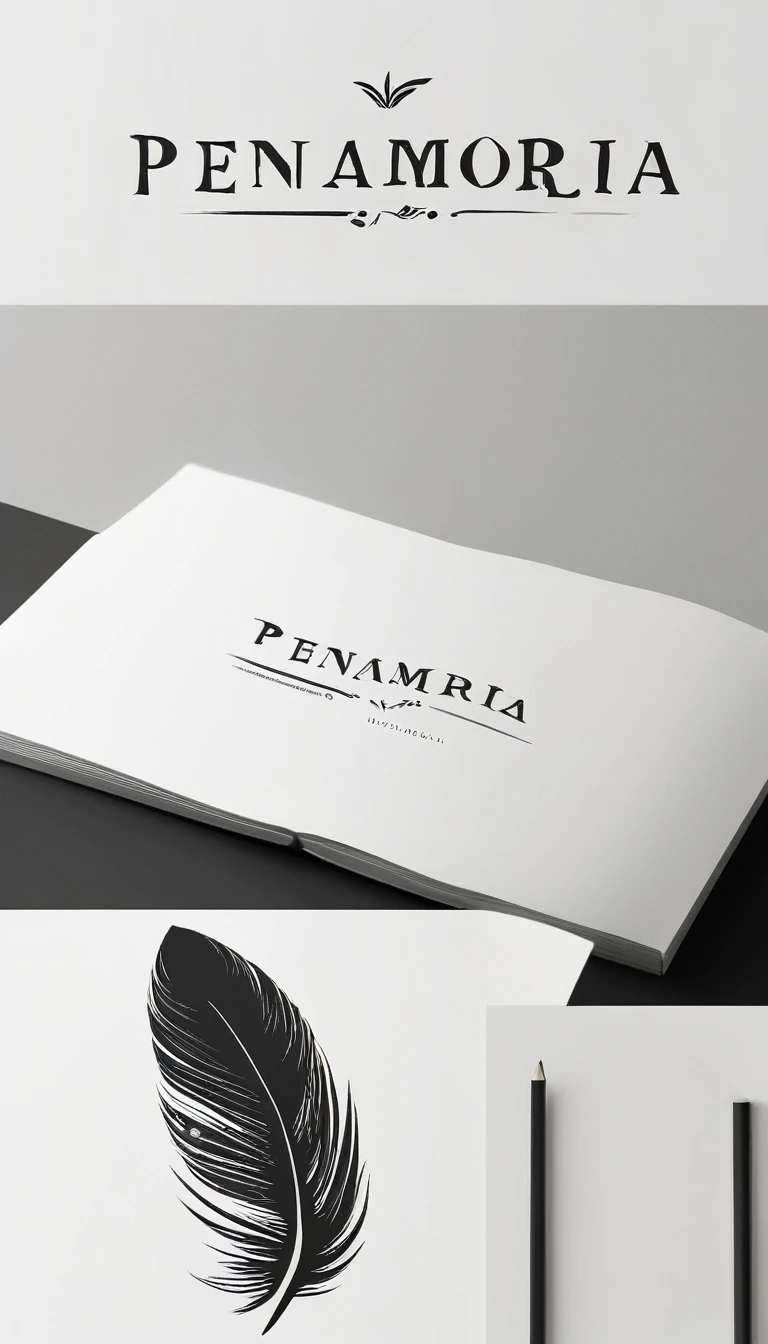 A minimal, modern, simple, cinematic logotype for the brand “Penamemoria". The logotype must be a simple, magical feather. The logo must convey a sense of music, stories and dreams. Logo design impressed on a book cover. Minimalistic logo