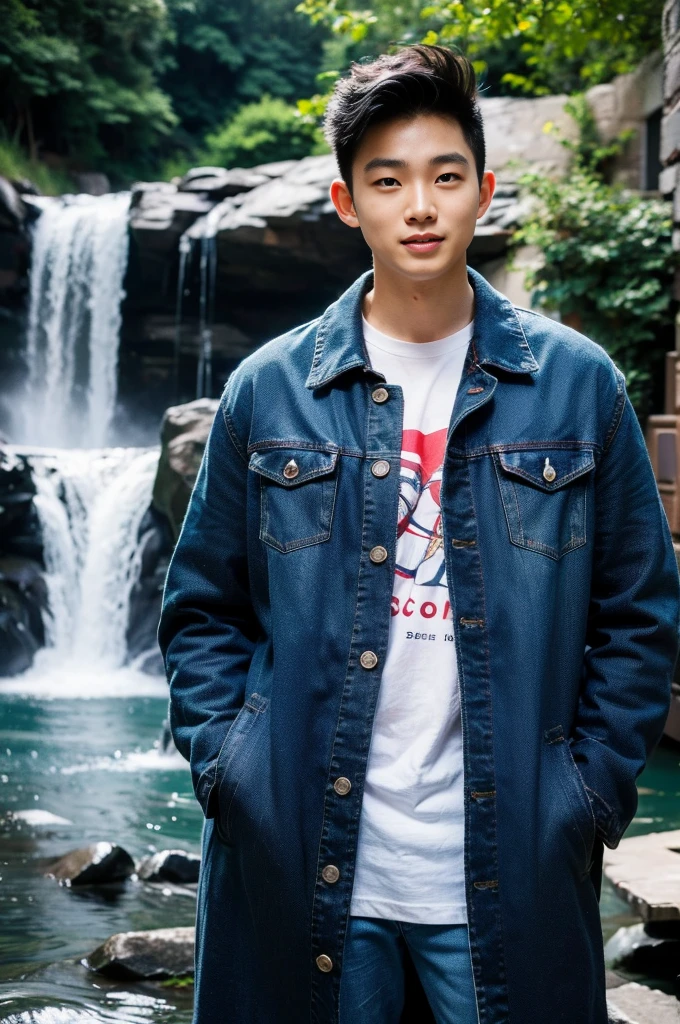 ((realistic daylight)) , Young Korean man in only a black t-shirt, no pattern. (Denim coat)  Jeans, A handsome, muscular young Asian man looks at the camera. In a simple t-shirt blue and red , By the waterfall ,turn sideways