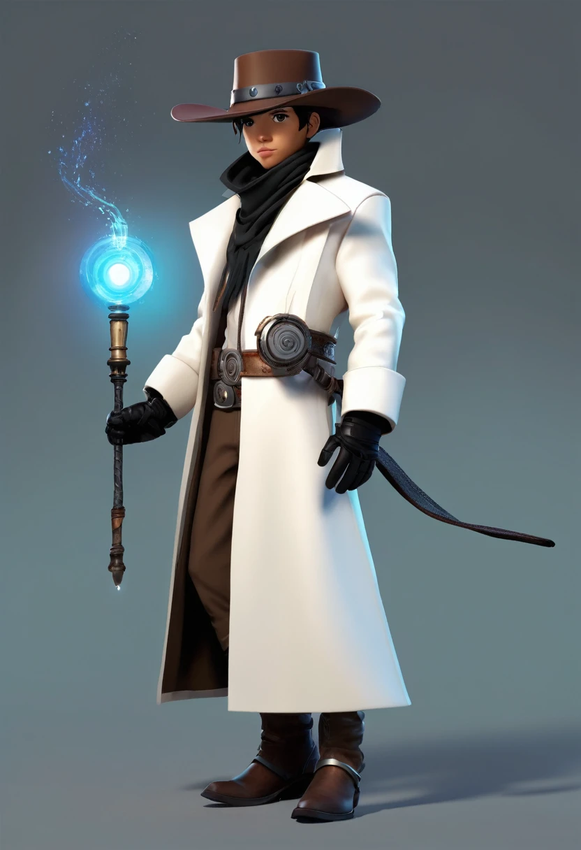  a character in a futuristic, Western-inspired outfit. The character wears a white and brown long coat with black pants and knee pads. Accessories include a wide-brimmed hat, gloves, and a belt. The character's attire suggests a blend of cowboy and high-tech elements. With a magical wand in his hand. He is little bigger in size.