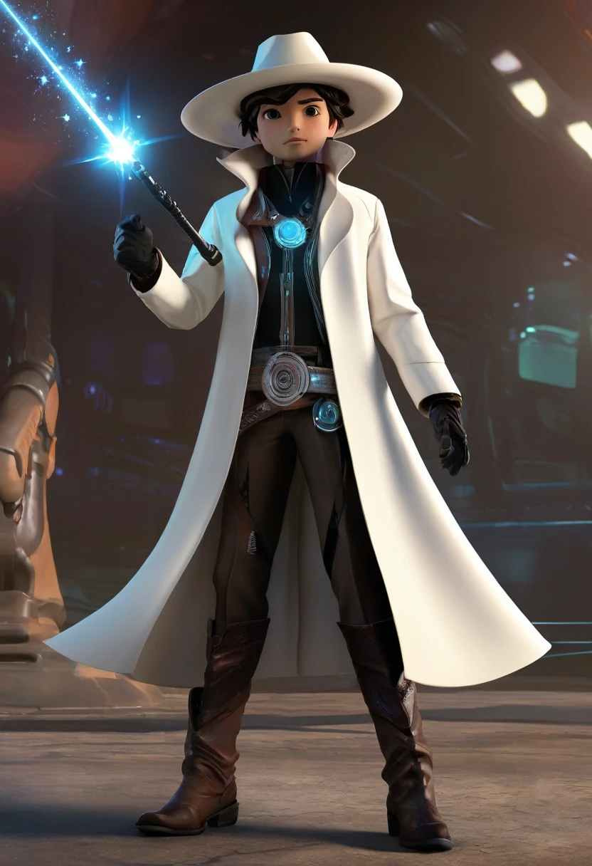 a character in a futuristic, Western-inspired outfit. The character wears a white and brown long coat with black pants and knee pads. Accessories include a wide-brimmed hat, gloves, and a belt. The character's attire suggests a blend of cowboy and high-tech elements. With a magical wand in his hand. He is little bigger in size.