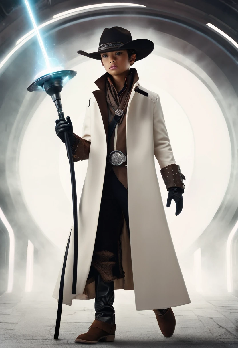 a character in a futuristic, Western-inspired outfit. The character wears a white and brown long coat with black pants and knee pads. Accessories include a wide-brimmed hat, gloves, and a belt. The character's attire suggests a blend of cowboy and high-tech elements. With a magical wand in his hand. He is little bigger in size.