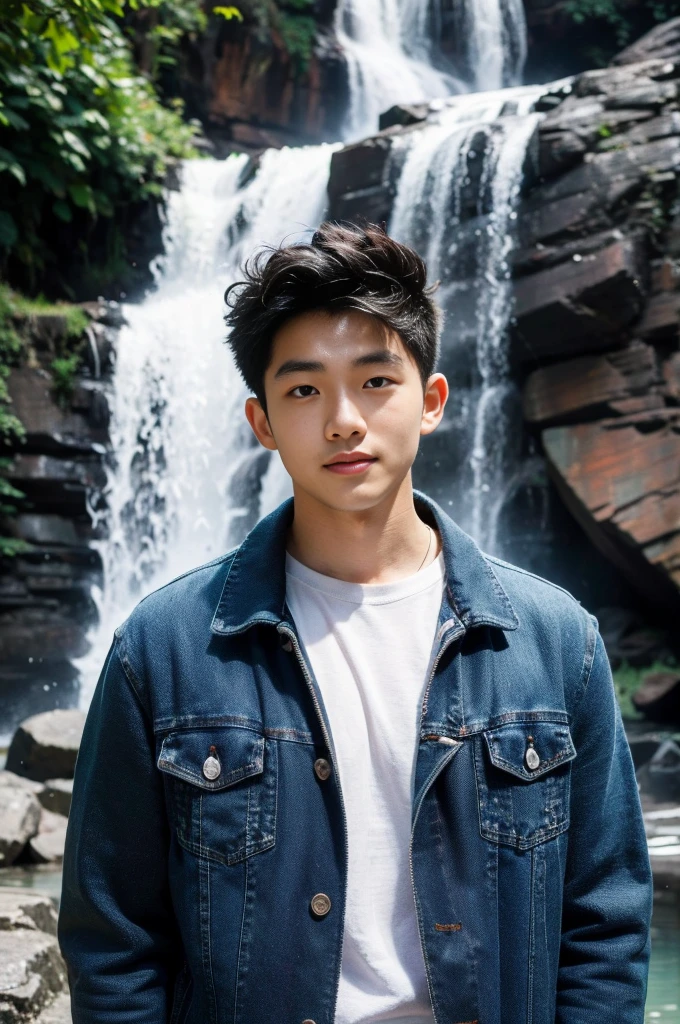 ((realistic daylight)) , Young Korean man in only a black t-shirt, no pattern. (Denim coat) Jeans, A handsome, muscular young Asian man looks at the camera. In a simple t-shirt blue and red , By the waterfall ,turn sideways