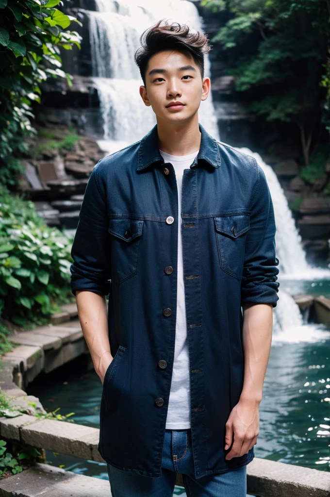 ((realistic daylight)) , Young Korean man in only a black t-shirt, no pattern. (Denim coat) Jeans, A handsome, muscular young Asian man looks at the camera. In a simple t-shirt blue and red , By the waterfall ,turn sideways