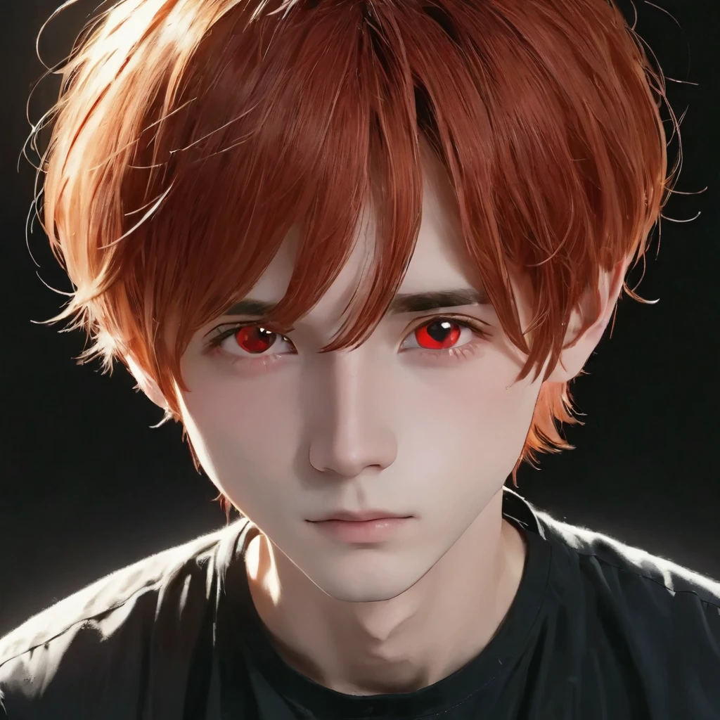 best quality, masterpiece, solo, 1boy, red hair, shirt, red eyes, black beckground, full faces