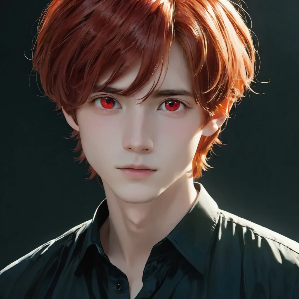 best quality, masterpiece, solo, 1boy, red hair, shirt, red eyes, black beckground, full faces