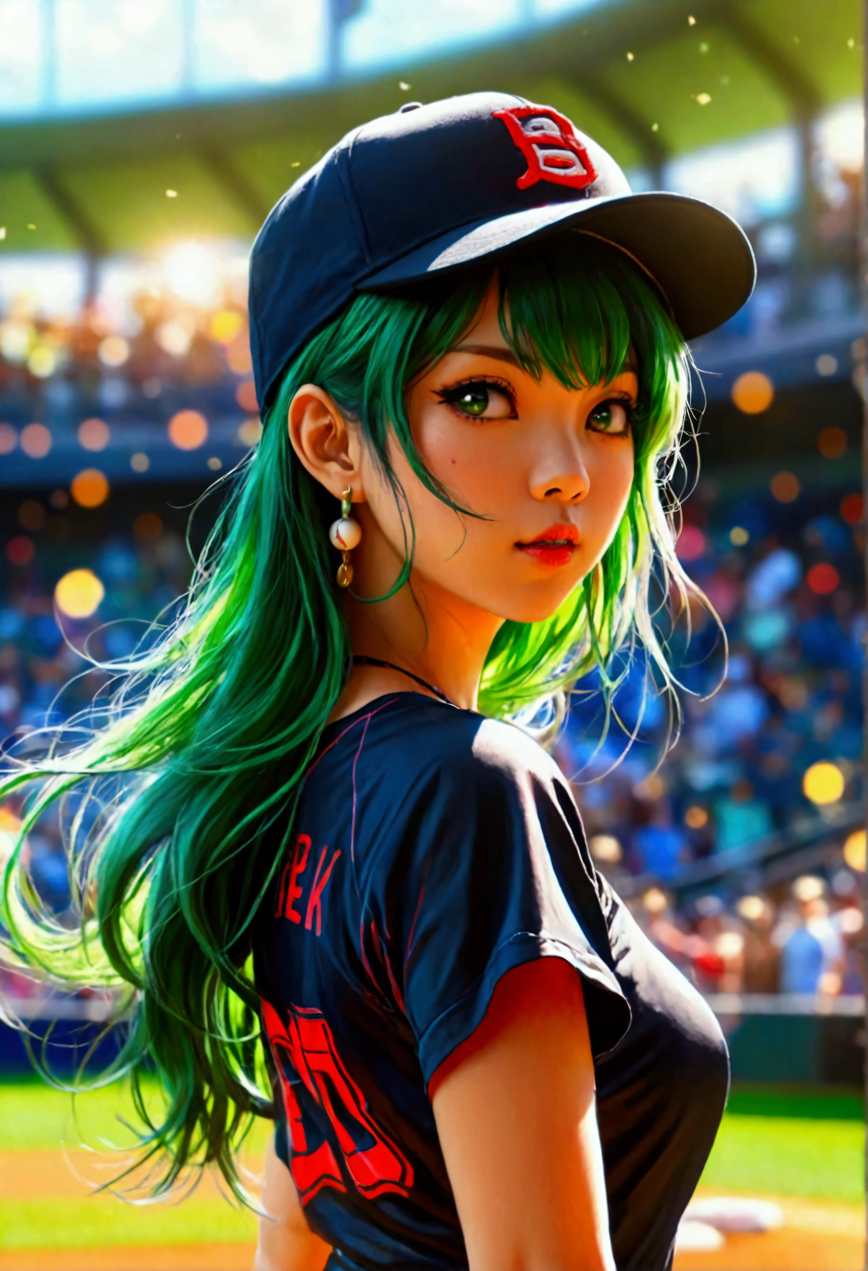 A beautiful Japanese woman (Tatsumaki,black dress, green hair) in a baseball cap pitching a ball, dynamic pitching pose, crowd cheering in the background, bokeh effect, anime style, highly detailed, intricate, vibrant colors, cinematic lighting, photorealistic, masterpiece, (show her entire body, show all of her, show her entire body)