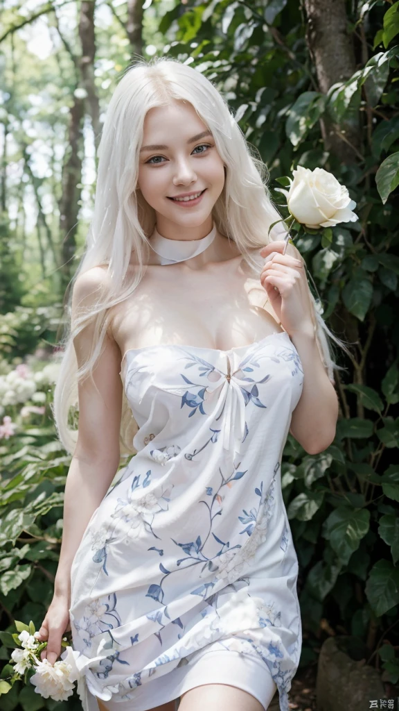 Long white hair, blue eyes, serious features, white skin, big breast, perfect body, seductive face, beautiful teeth smile, smiling, open mouth, loose style, in a garden, with flowers , in the forest ,jeju Korea, half body, She held a white rose in her hand